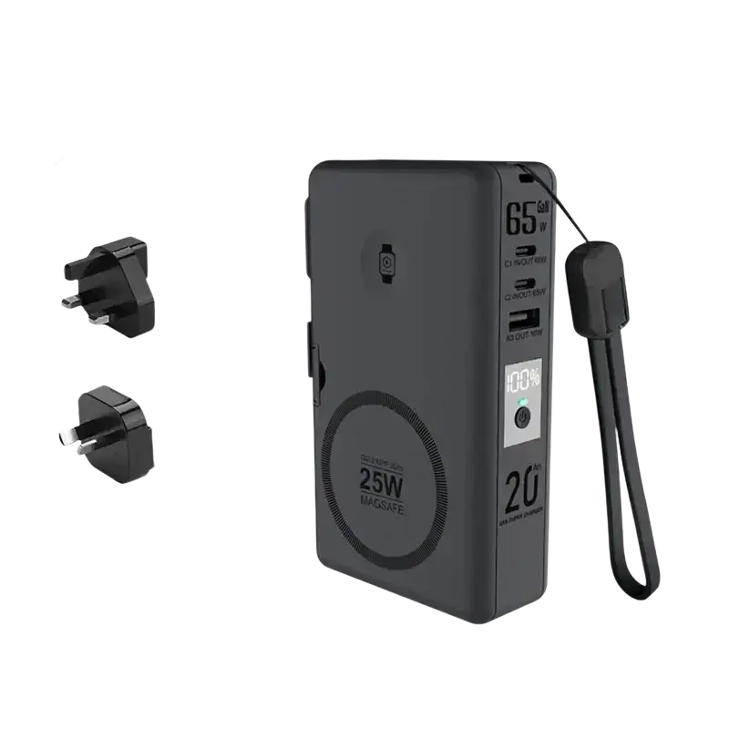 Black magnetic wireless power bank with 20000mah capacity and 65w fast charging input for portable use