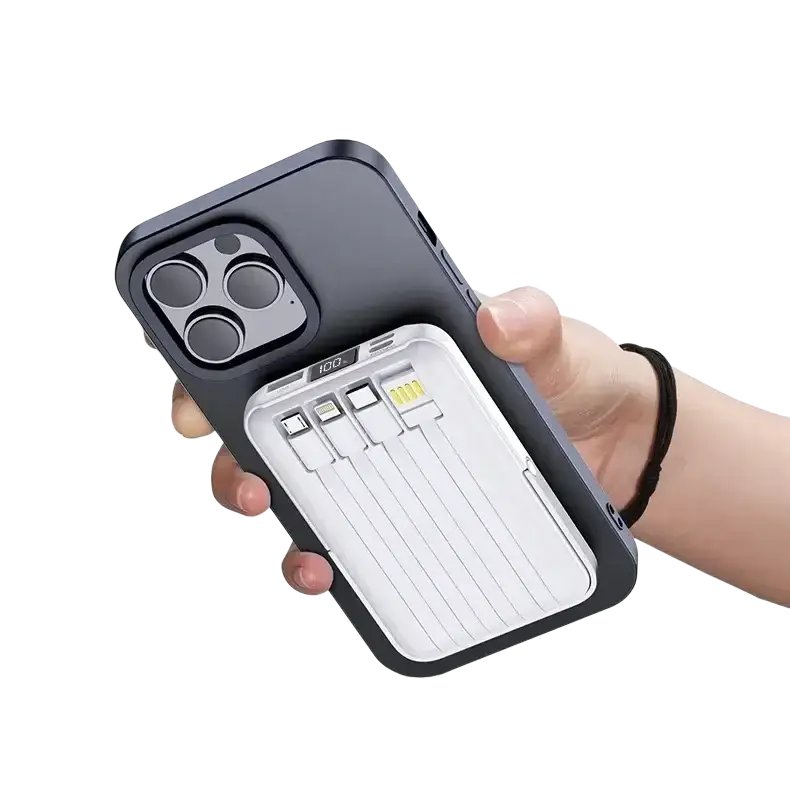 Black phone case with integrated white magnetic wireless power bank 20000mah fast charge and 100w output ports