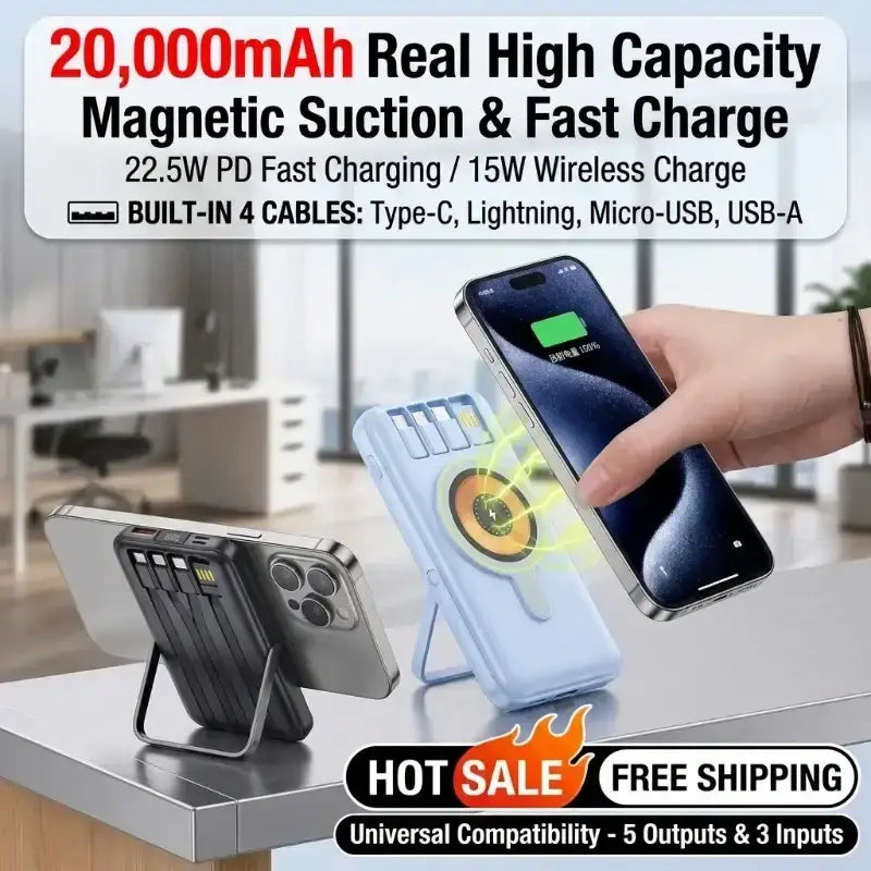 Light blue magnetic wireless power bank 20000mah with built-in cables and fast charging wireless charger capabilities
