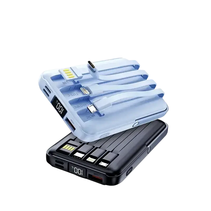 Light blue and black magnetic wireless power bank 20000mah fast charge with integrated charging cables for various devices