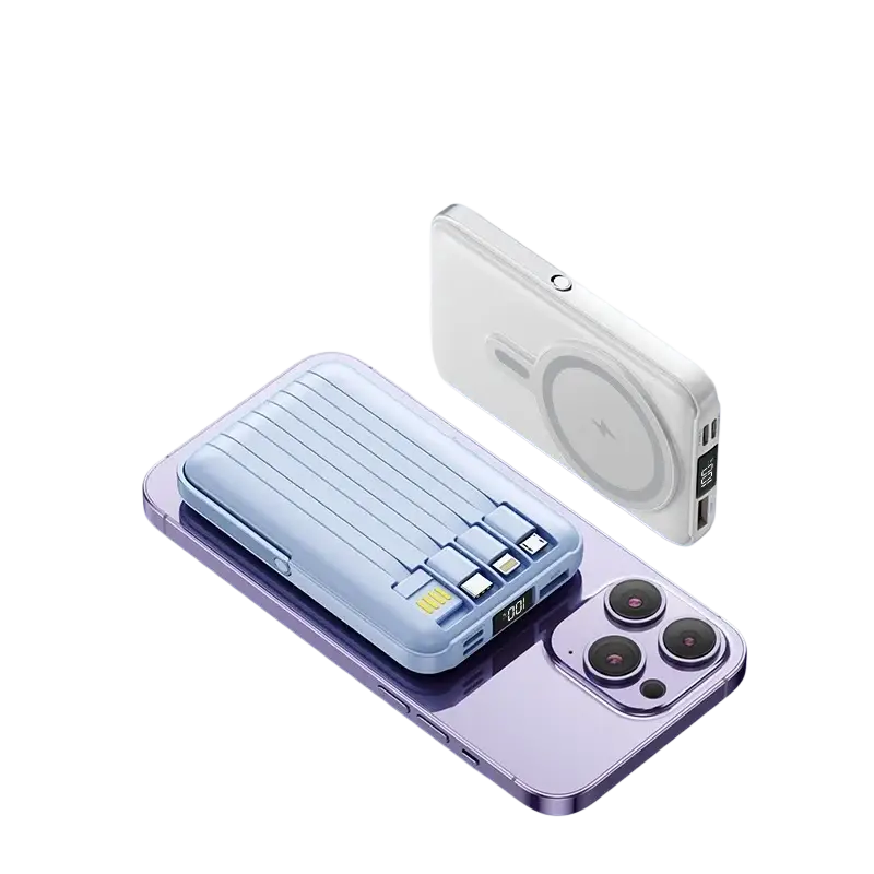 Light blue and white magnetic wireless power banks with built-in cables and ribbed design for fast charge and stand use