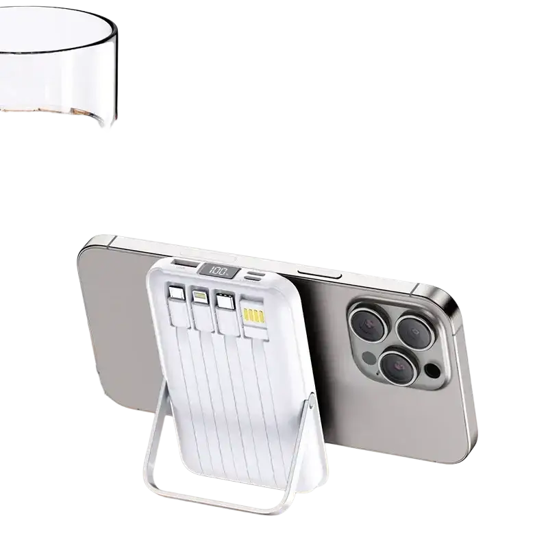 White magnetic wireless power bank 20000mah with multiple usb ports and digital display standing upright next to smartphone