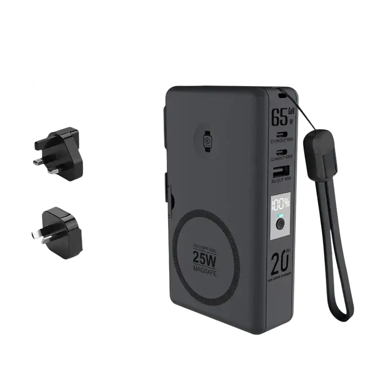 Black magnetic wireless power bank 20000mAh with fast charging digital display and multiple USB ports for versatile use