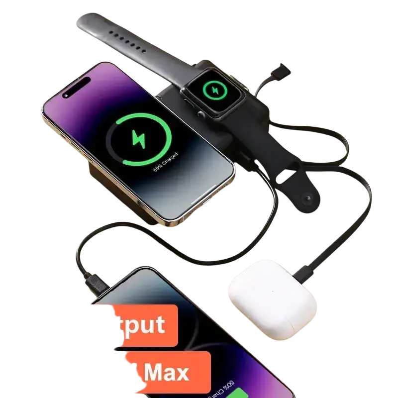Black magnetic wireless power bank with integrated cable for fast charging multiple devices at 65w output