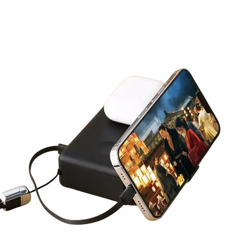 Black rectangular magnetic wireless power bank with metallic usb-c cable charging smartphone fast charging 65w