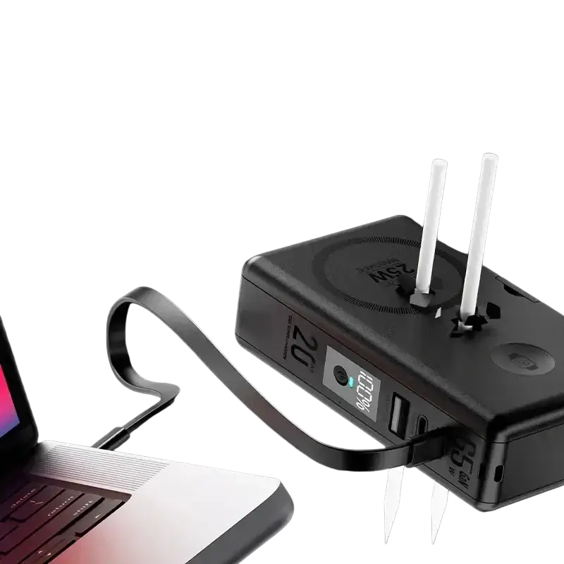 Black rectangular magnetic wireless power bank with 20000mAh capacity and 65w fast charging qi2 wireless feature