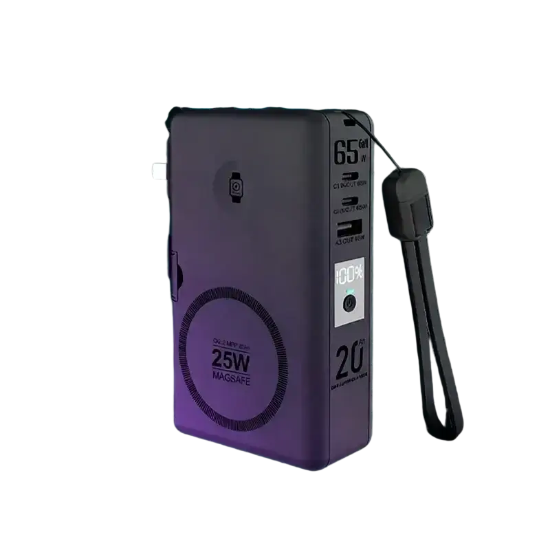 Purple rectangular magnetic wireless power bank with 65w fast charging multiple usb ports and digital display at 100% charge