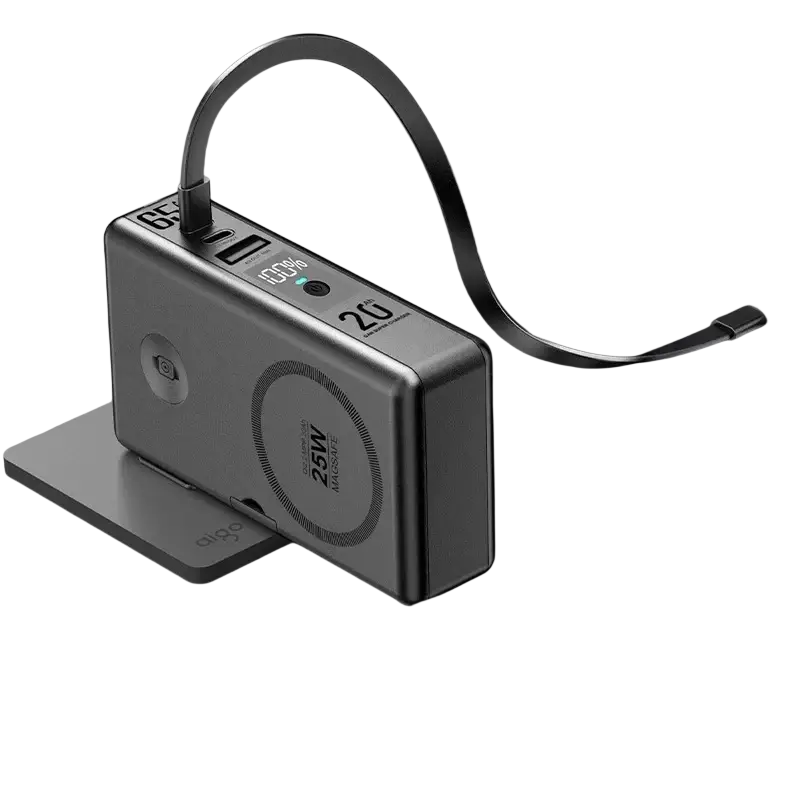 Silver metallic qi2.2 magnetic wireless power bank with circular pad and gan usb-c pd fast charging ports