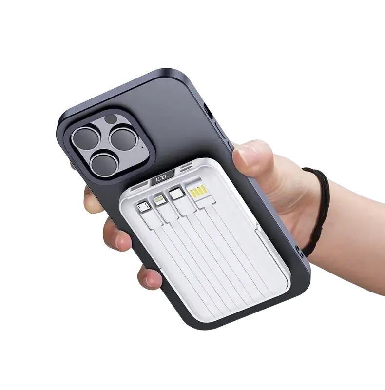 Black magnetic wireless charger phone case with integrated white power bank and multiple usb ports showing 100% capacity