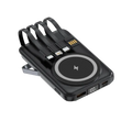 Black portable magnetic wireless power bank with fast charge feature multiple usb ports and bundled cables