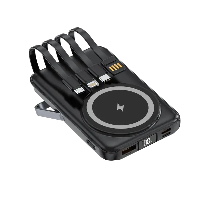 Black portable magnetic wireless power bank with fast charge feature multiple usb ports and bundled cables