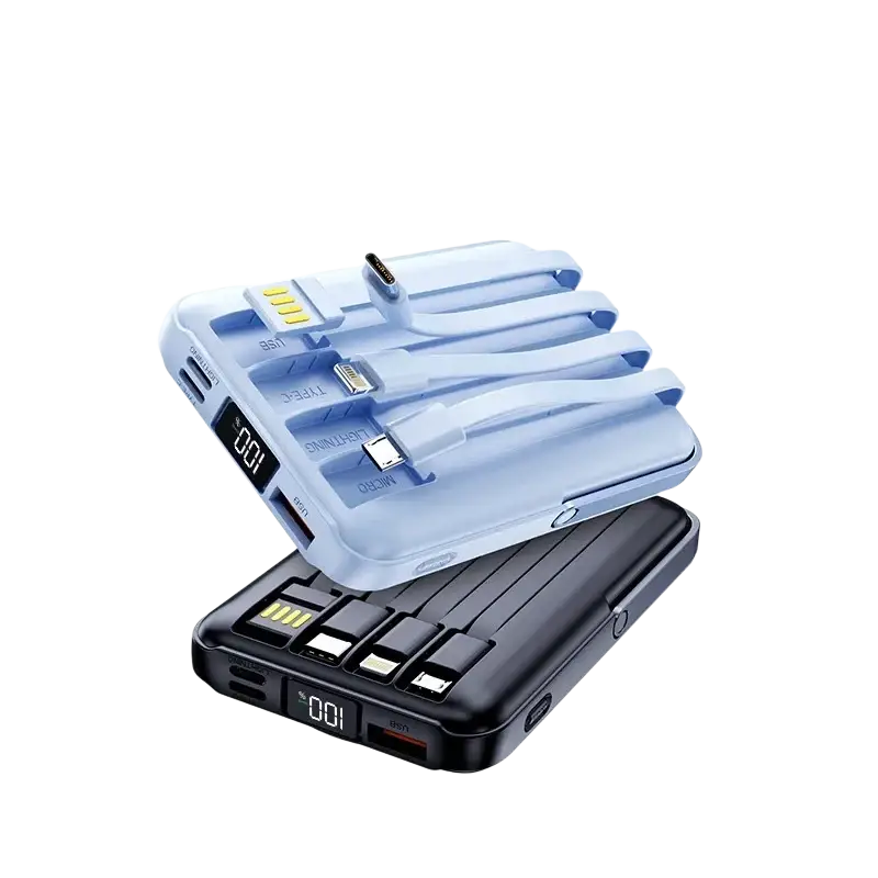 Light blue and black magnetic wireless power bank with built-in cables digital display and fast charge feature
