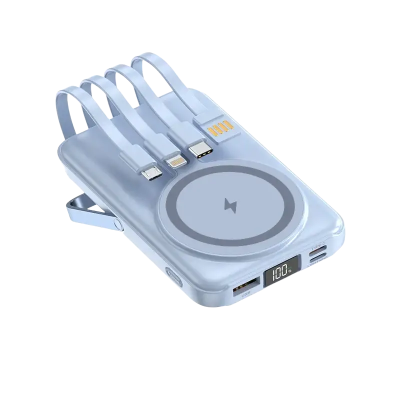 Light blue magnetic wireless power bank with built-in wireless charger, multiple usb ports, and attached cables