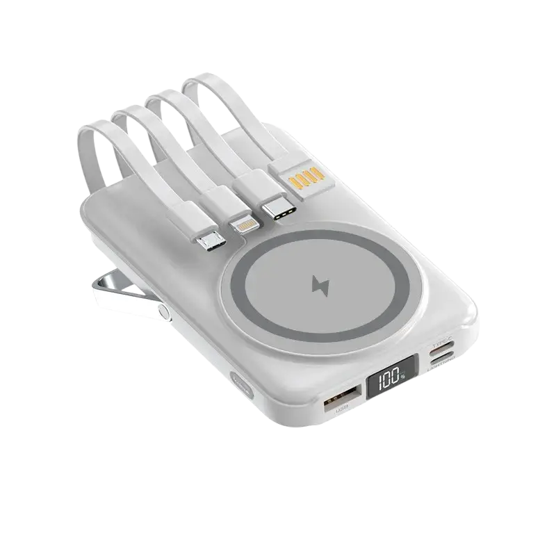 White magnetic wireless power bank fast charge with built-in wireless charger pad multiple usb ports and included cables