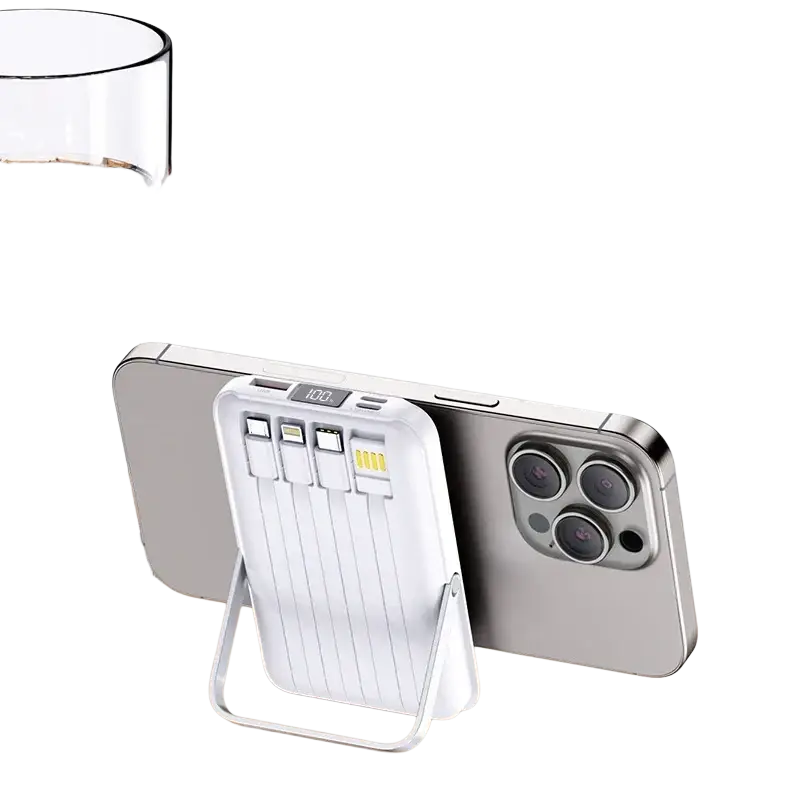 White portable power bank with vertical ridges and multiple usb ports holding silver smartphone wireless charger feature