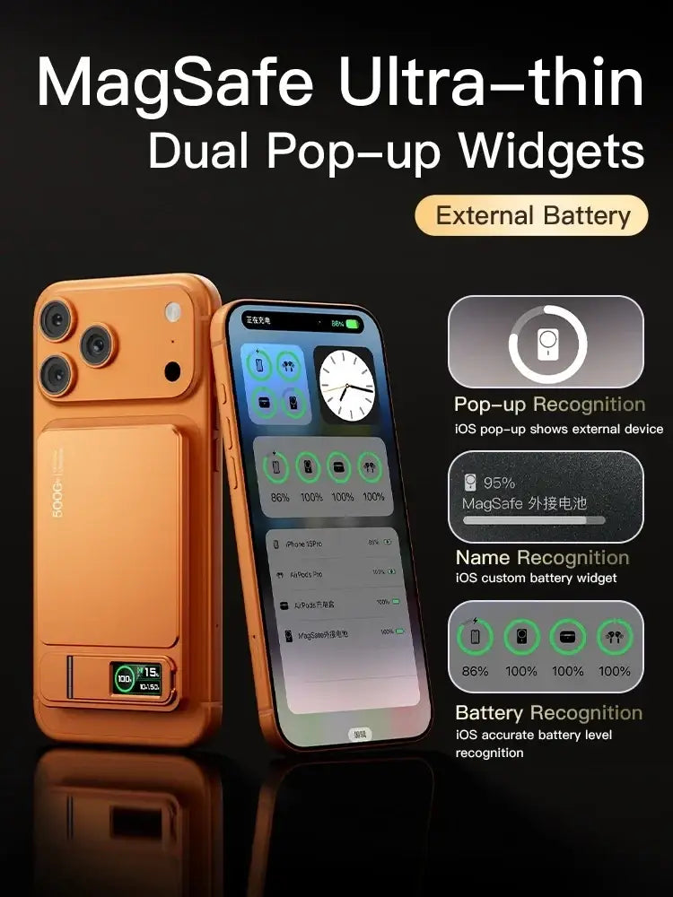 Orange magsafe ultra-thin dual pop-up widgets external battery case for iphone magnetic wireless power bank 5v= 3a 9v=