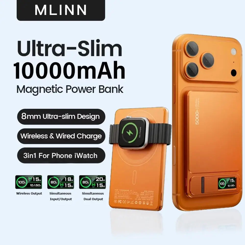 Orange mlinn ultra-slim 10000mah magnetic wireless power bank with 5v 3a 9v fast charging for iphone and apple watch