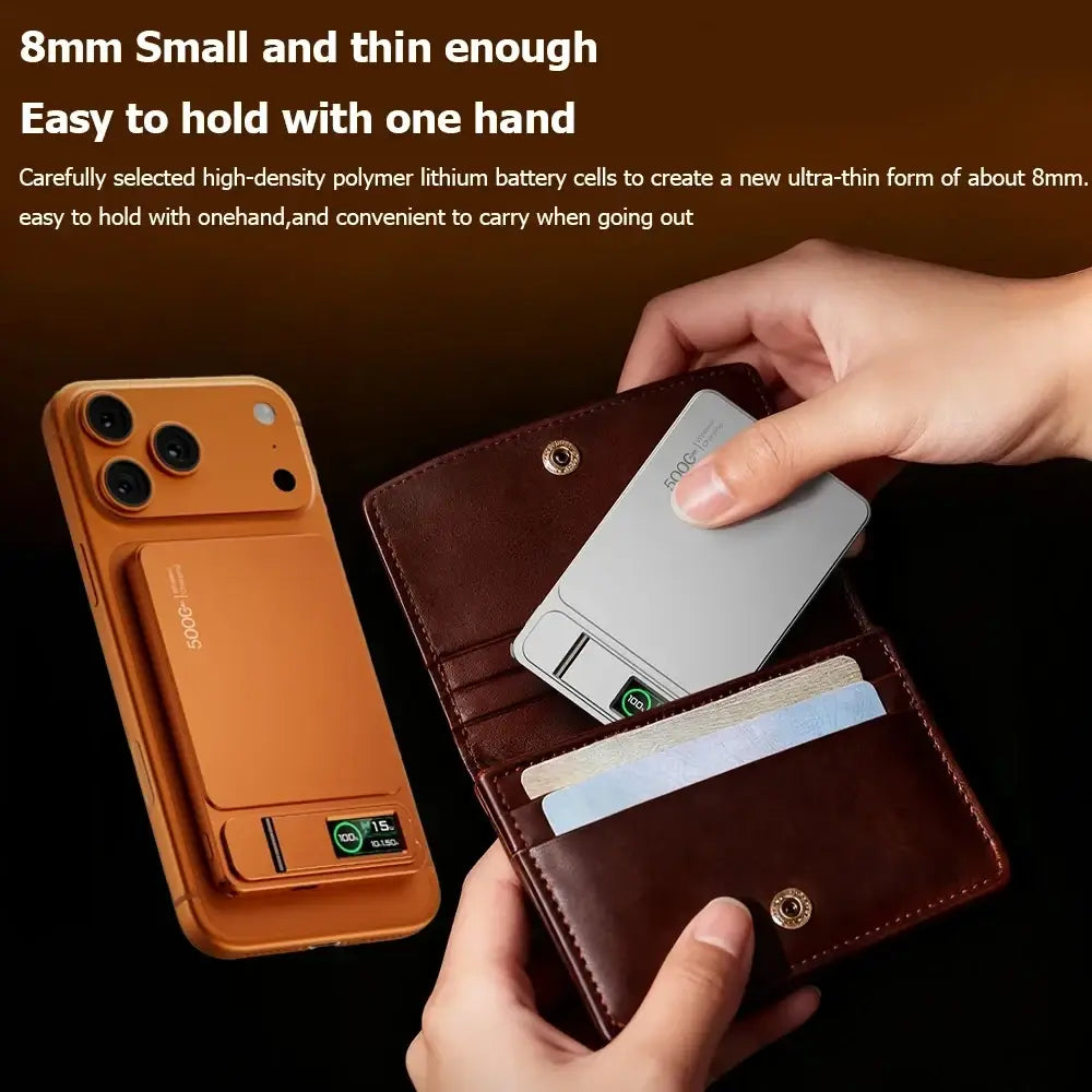 A sleek silver 8mm ultra-thin magnetic wireless power bank for iPhone with 5v= 3a 9v= support