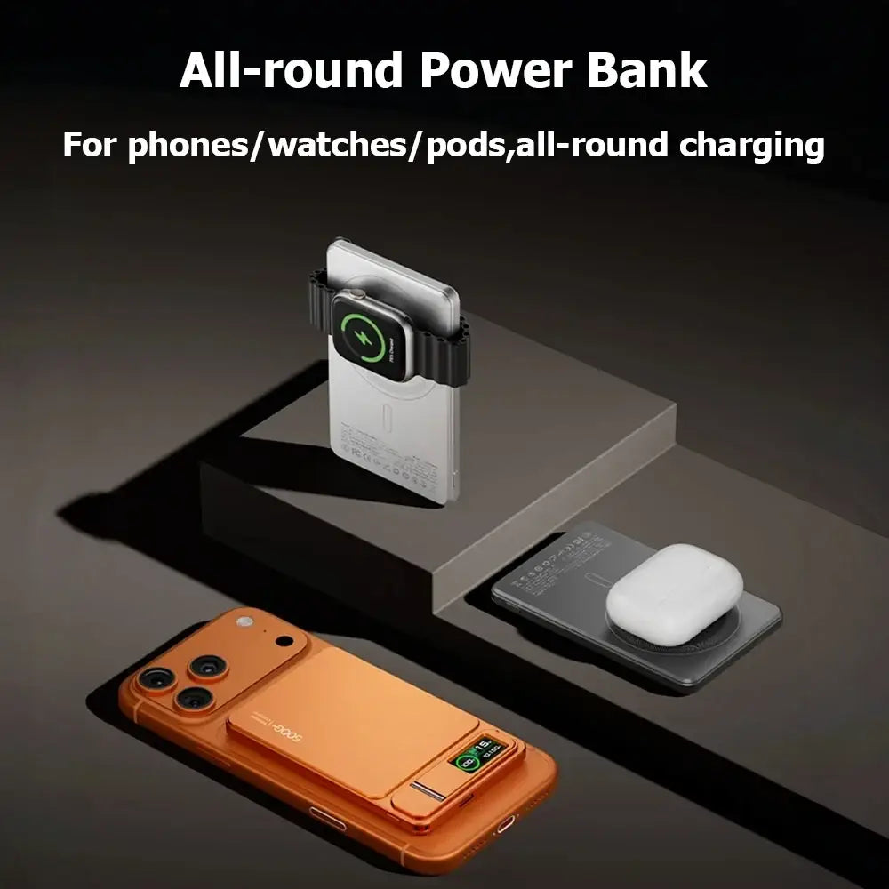 White all-round wireless power bank with sleek minimalist design and magnetic charging interface for iphone 5v= 3a 9v=