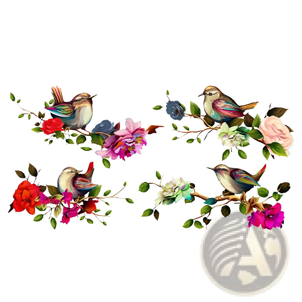 Magpie bird and flower wall sticker with delicate colorful illustration of four small birds on vibrant flowering branches