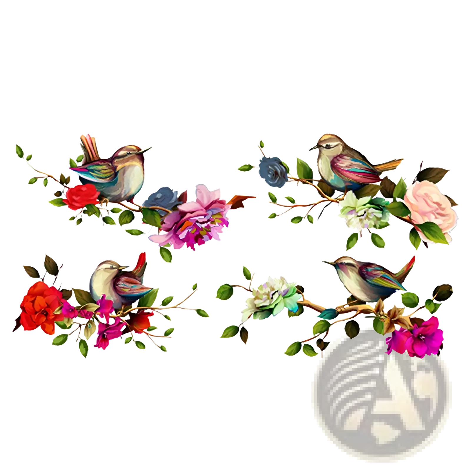 Magpie bird and flower wall sticker with delicate colorful illustration of four small birds on vibrant flowering branches