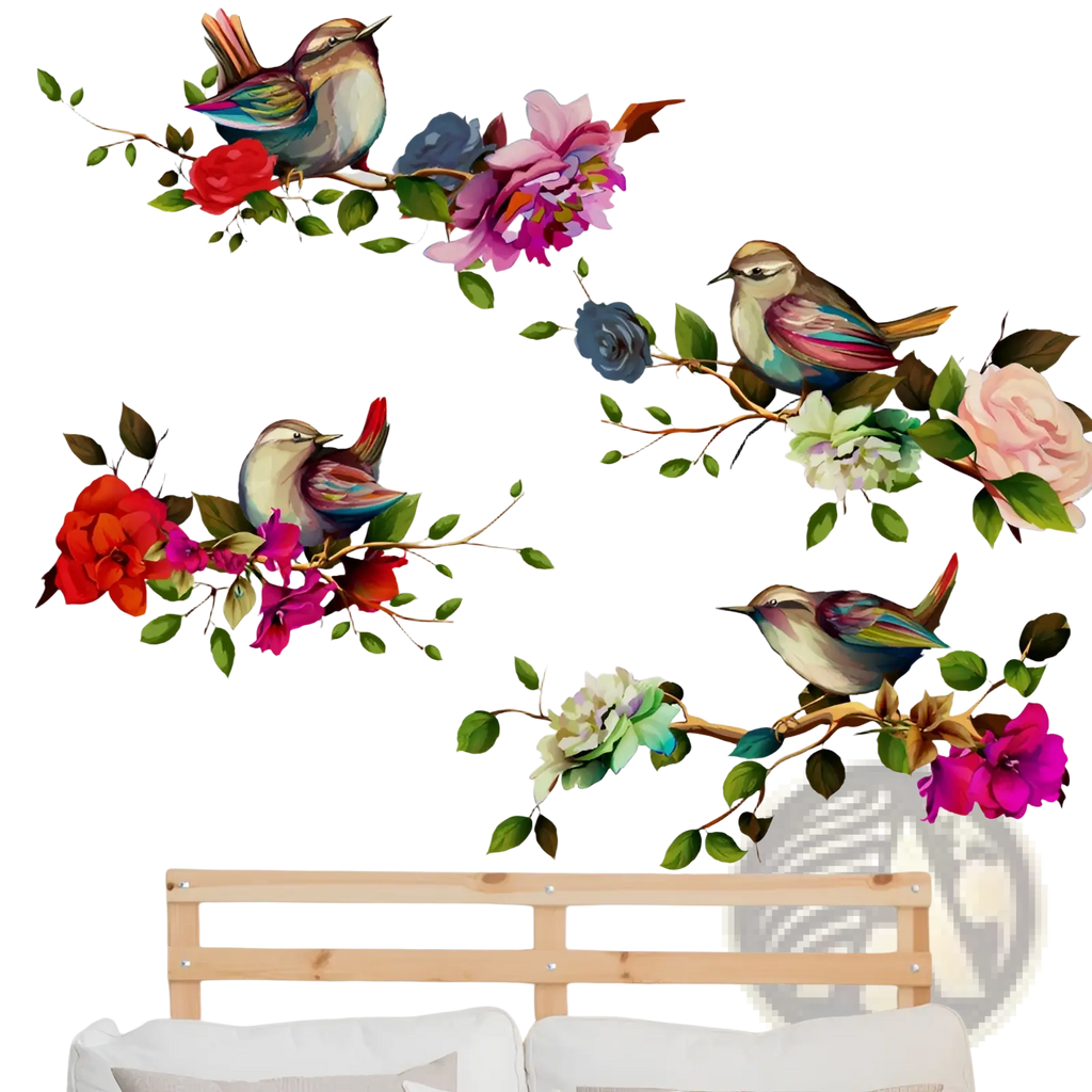 Magpie bird and flower wall sticker featuring vibrant birds with iridescent feathers among colorful floral murals