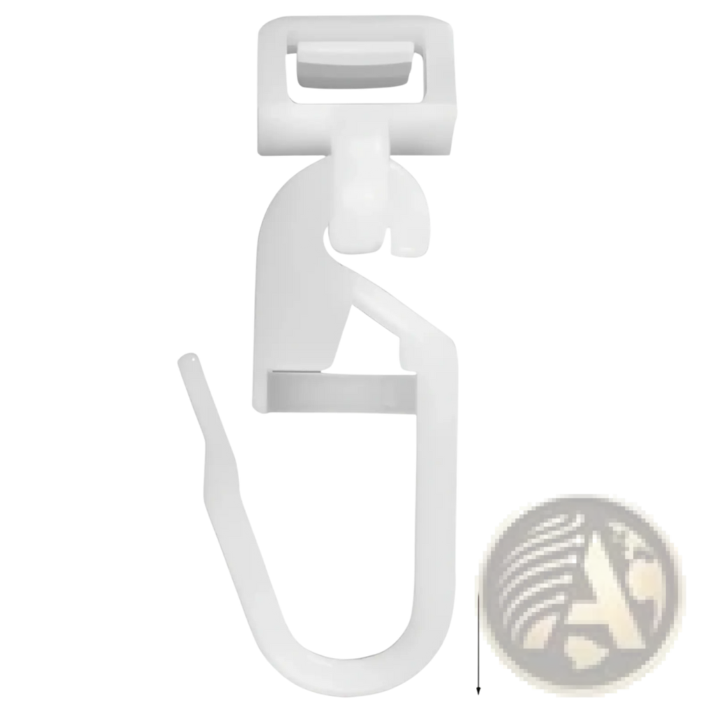 White plastic curtain hook with rectangular top loop and curved lower hook for magpie bird and flower wall sticker mural