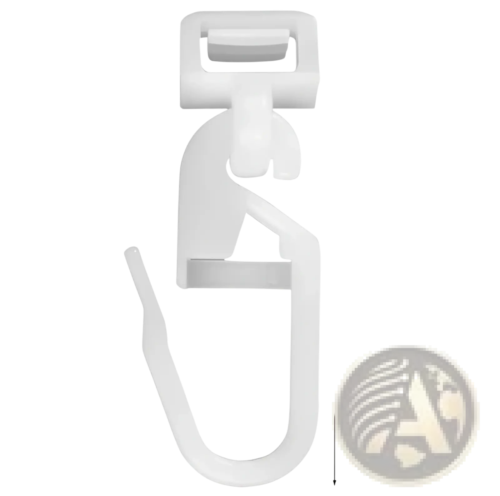 White plastic curtain hook with rectangular top loop and curved lower hook for magpie bird and flower wall sticker mural