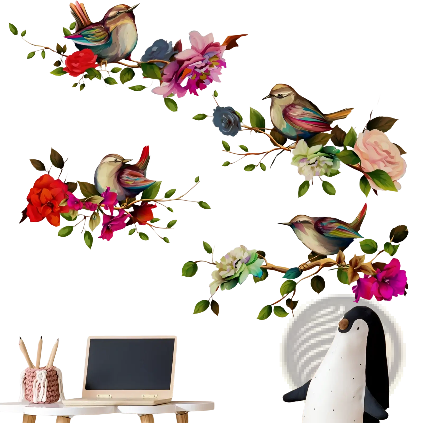 Vibrant colorful magpie bird and flower wall sticker featuring detailed iridescent birds perched on floral branches