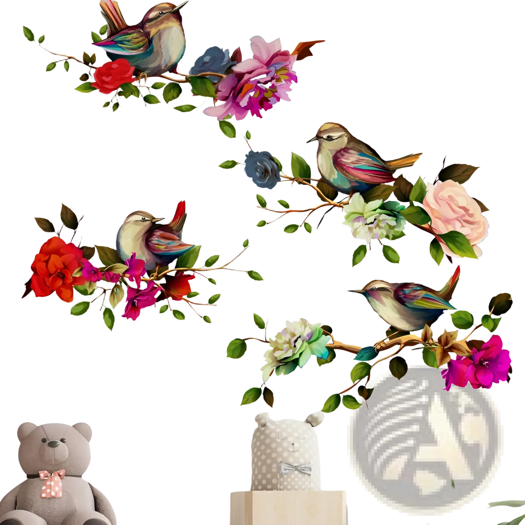 Magpie bird and flower wall sticker featuring vibrant red pink blue and green decals on a white surface