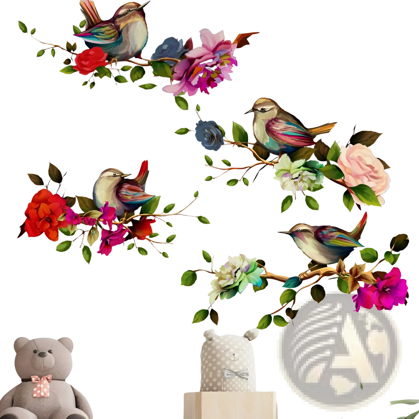 Magpie bird and flower wall sticker featuring vibrant red pink blue and green decals on a white surface