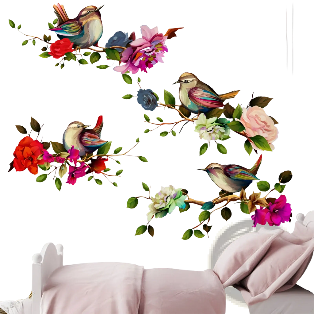 Magpie bird and flower wall sticker featuring vibrant colorful birds with iridescent feathers and blossoming roses mural decal
