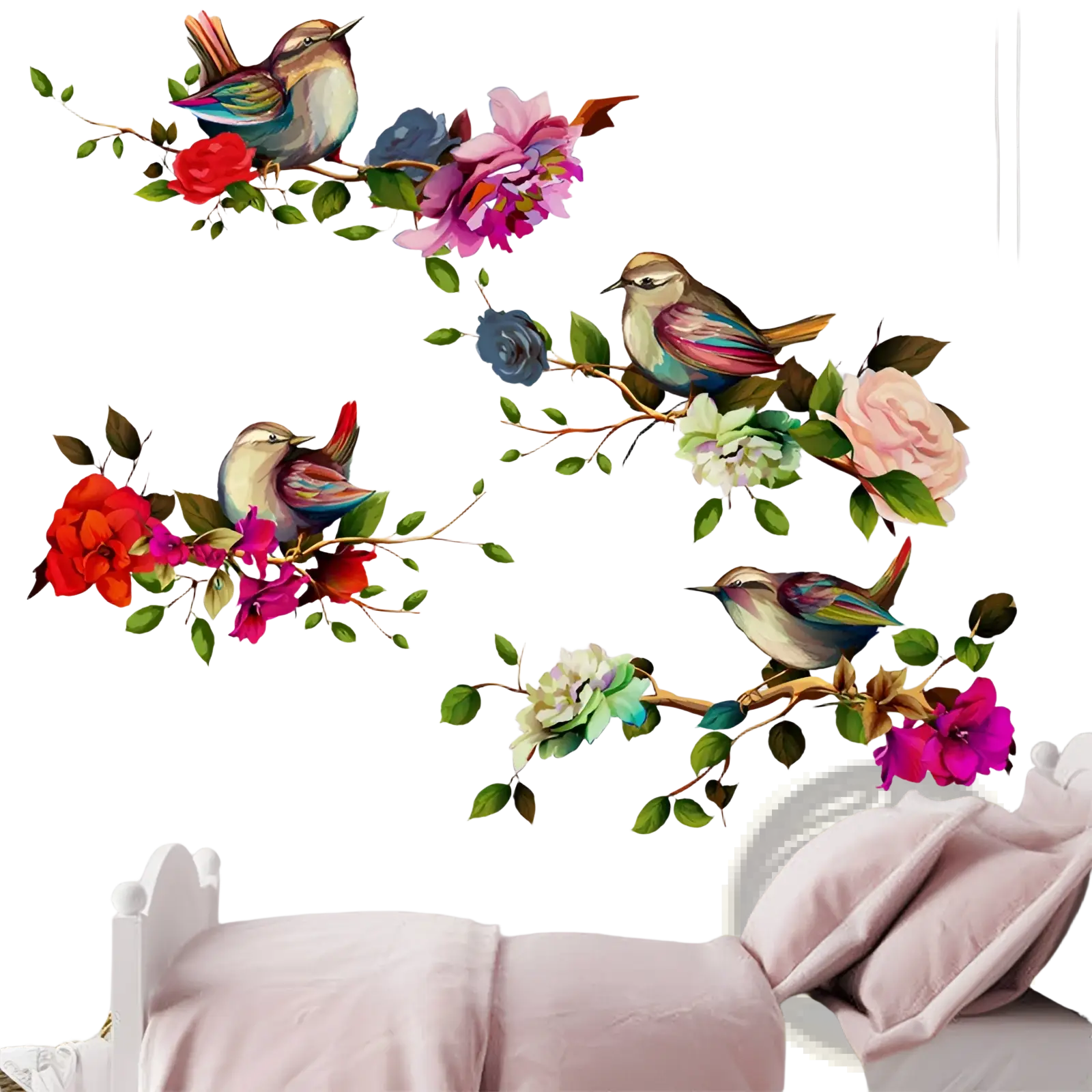 Magpie bird and flower wall sticker featuring vibrant colorful birds with iridescent feathers and blossoming roses mural decal