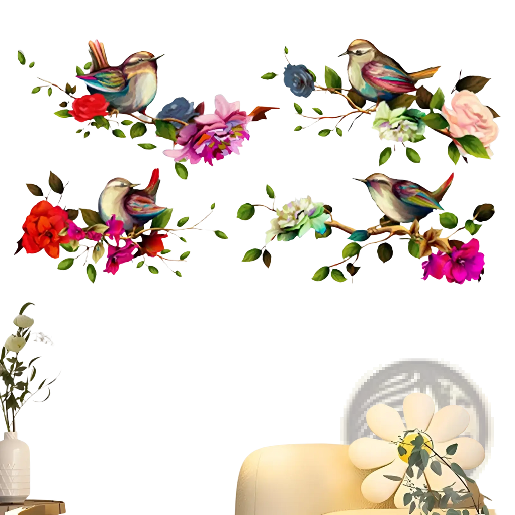 Vibrant magpie bird and flower wall sticker floral mural decal with colorful birds perched on red pink blue white blossoms