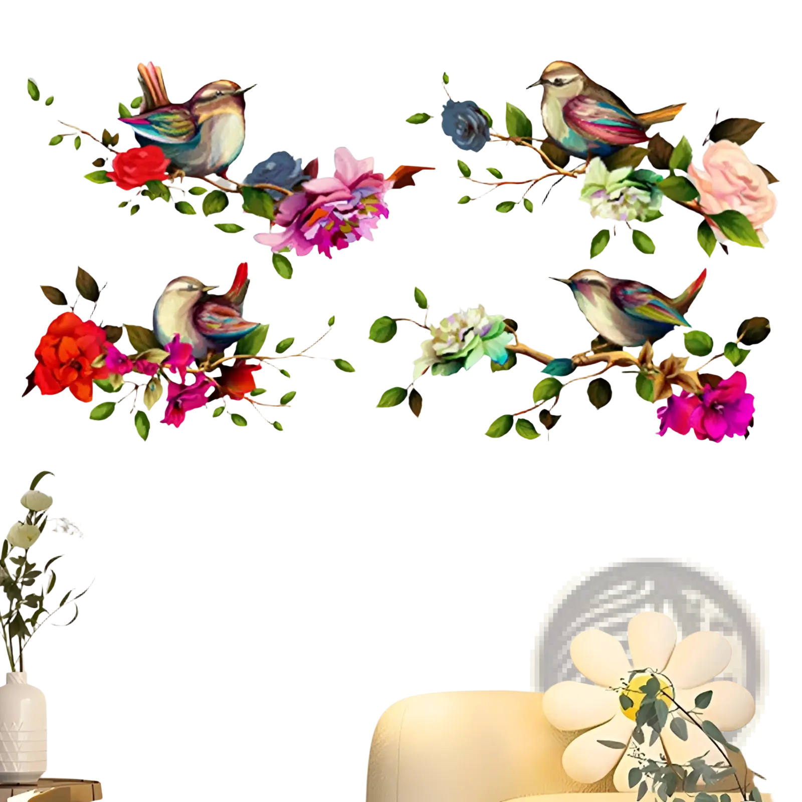 Vibrant magpie bird and flower wall sticker floral mural decal with colorful birds perched on red pink blue white blossoms