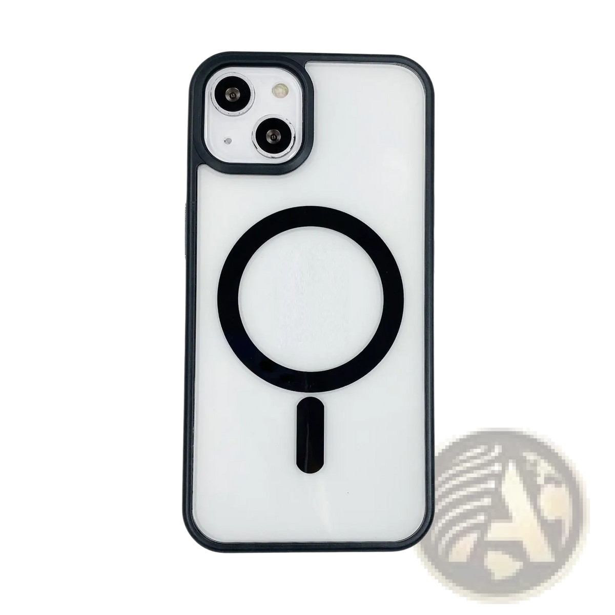 Clear phone case with black magnetic charging ring and camera cutout for iphone 13 made of acrylic shown from back
