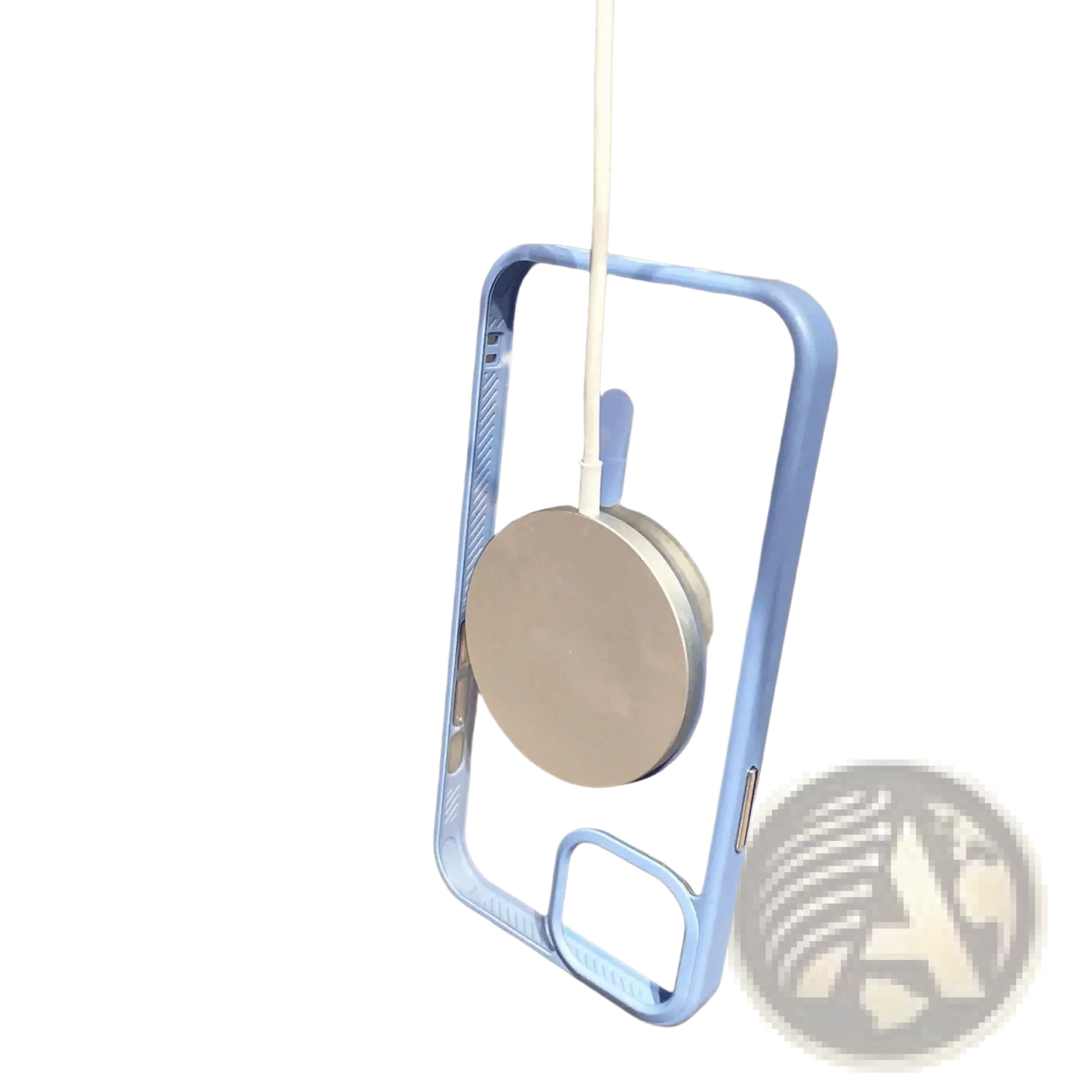 Back view of light blue transparent acrylic magsafe clear iphone 13 case with silver circular magnetic charging pad attached