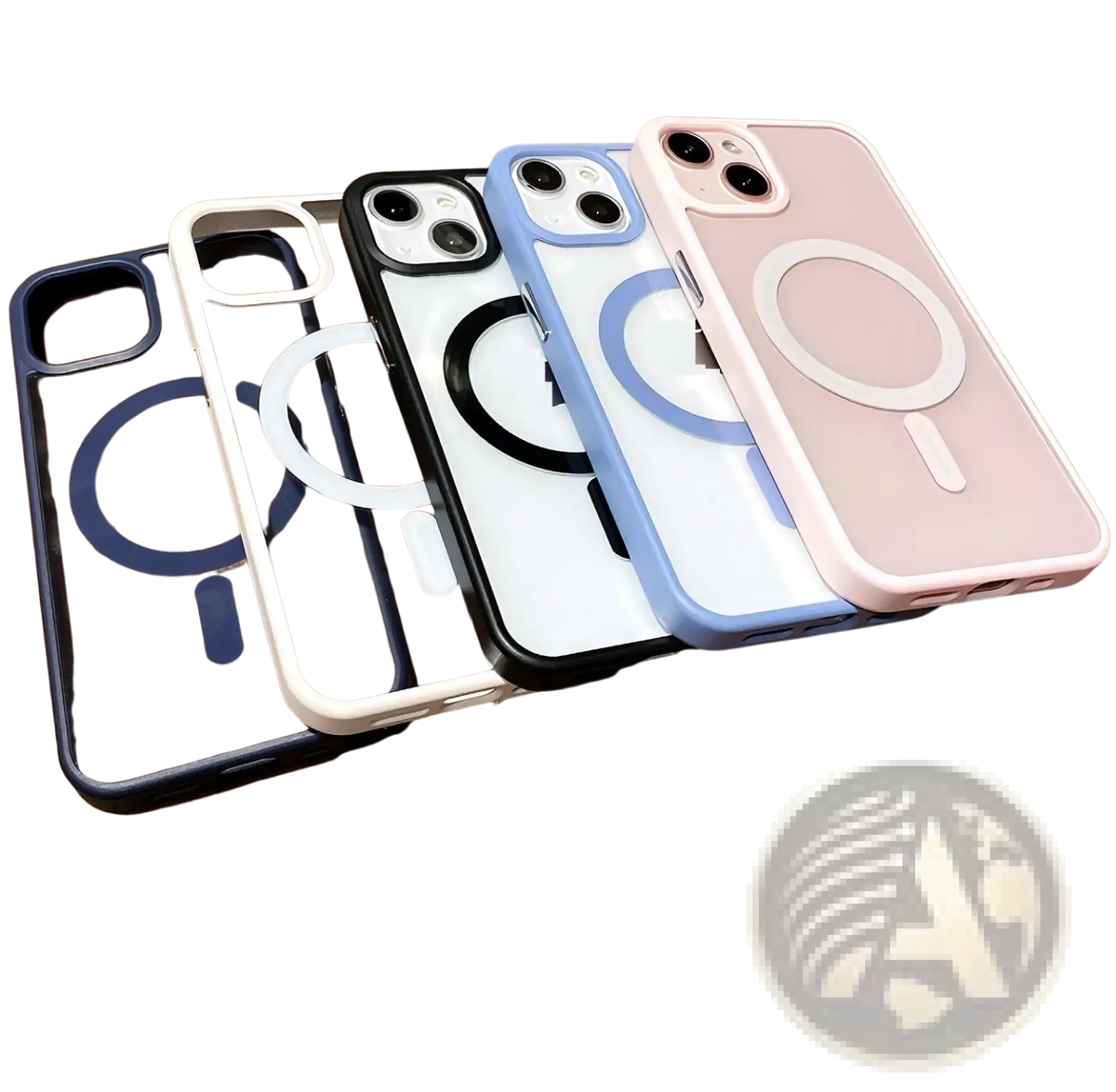 A set of five magnetic clear acrylic iphone 13 cases in navy white black light blue and blush pink showing back side