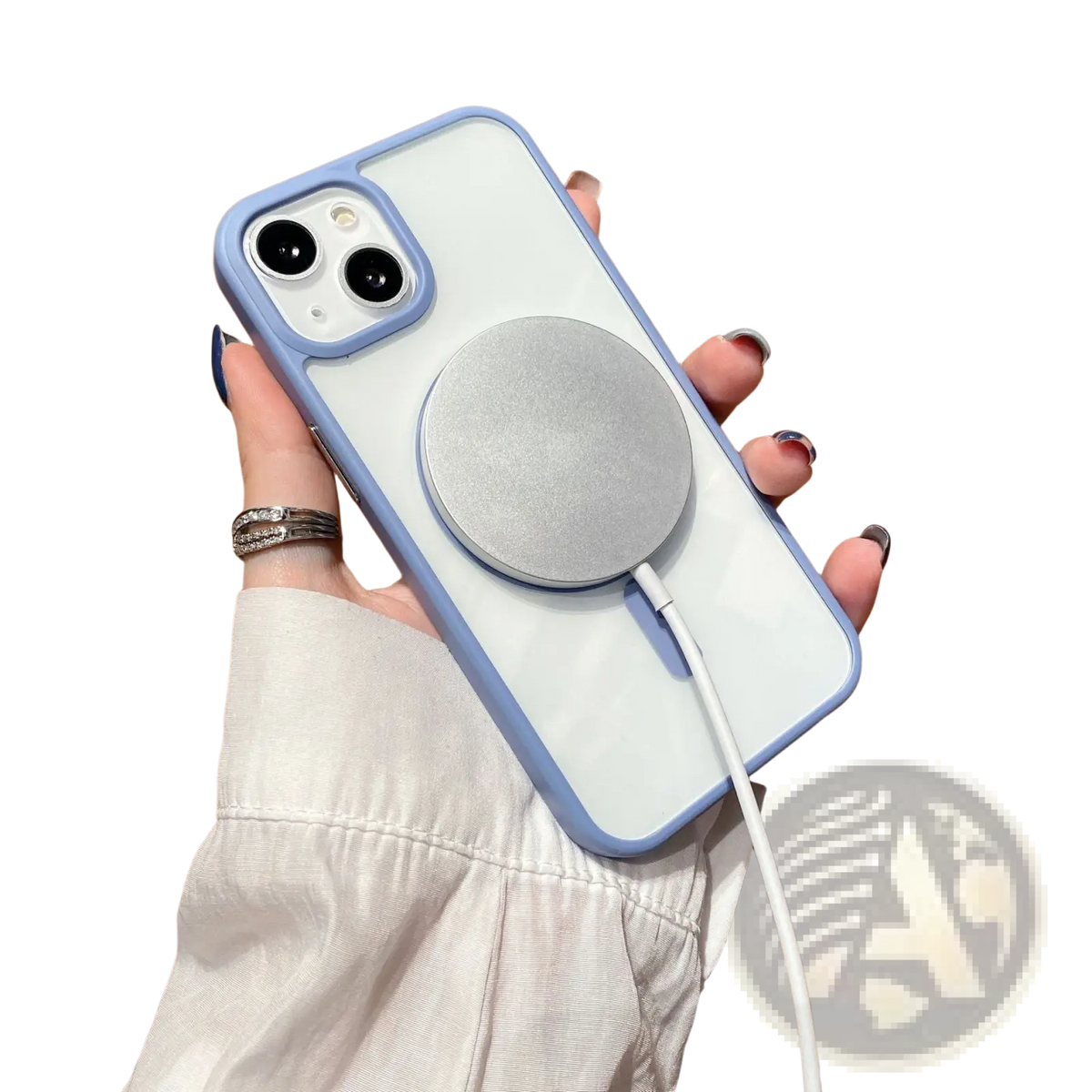 Back side of a sleek white and light blue acrylic magsafe clear iPhone 13 case with built-in circular magnetic charging pad