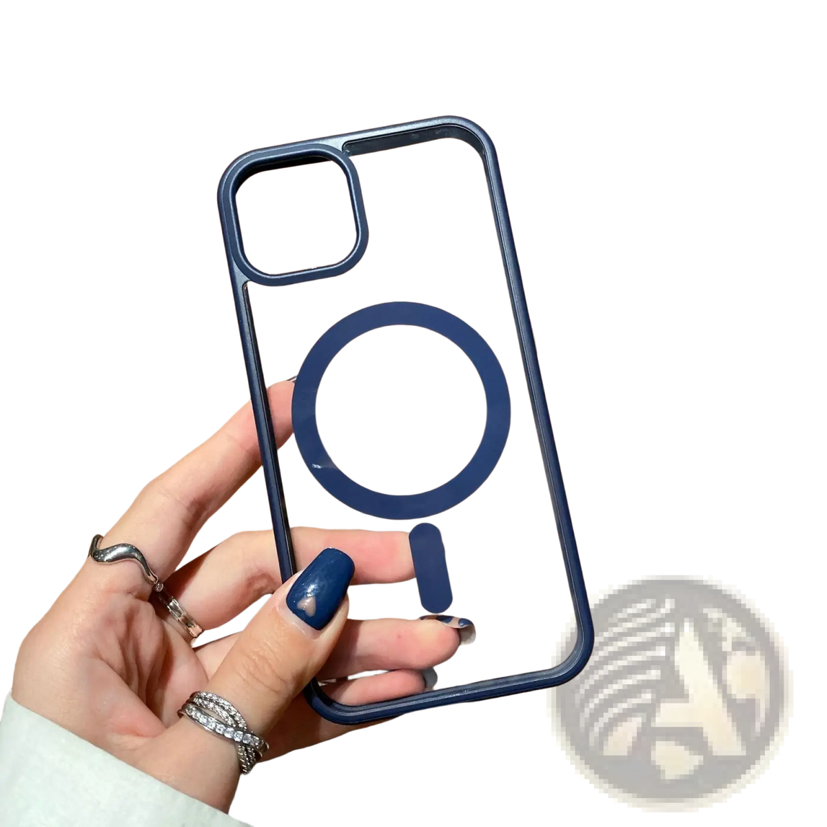 Back side of clear magsafe iphone 13 case featuring navy blue magnetic ring design and matching acrylic frame