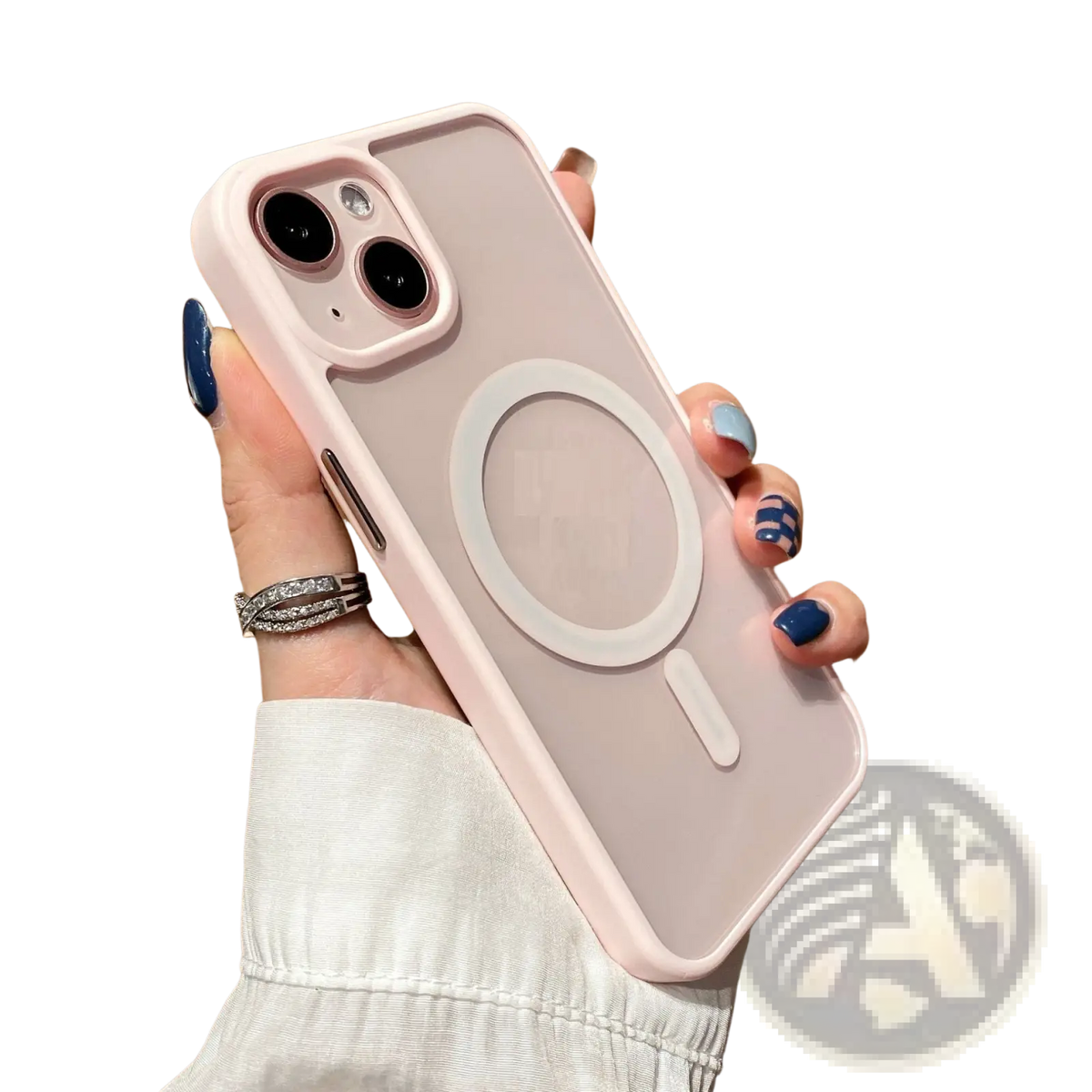 Soft pink magsafe clear iphone 13 case acrylic magnetic cover showing back with built-in magnetic charging pad and camera cutout