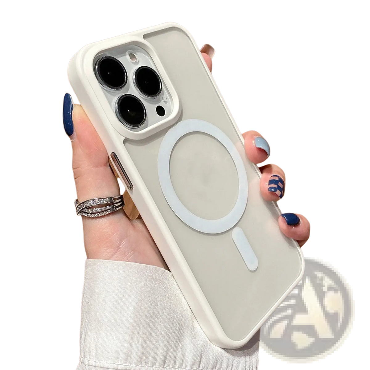Back of a sleek off-white magsafe clear iphone 13 case acrylic magnetic cover with built-in magnetic charging ring and precise camera cutouts
