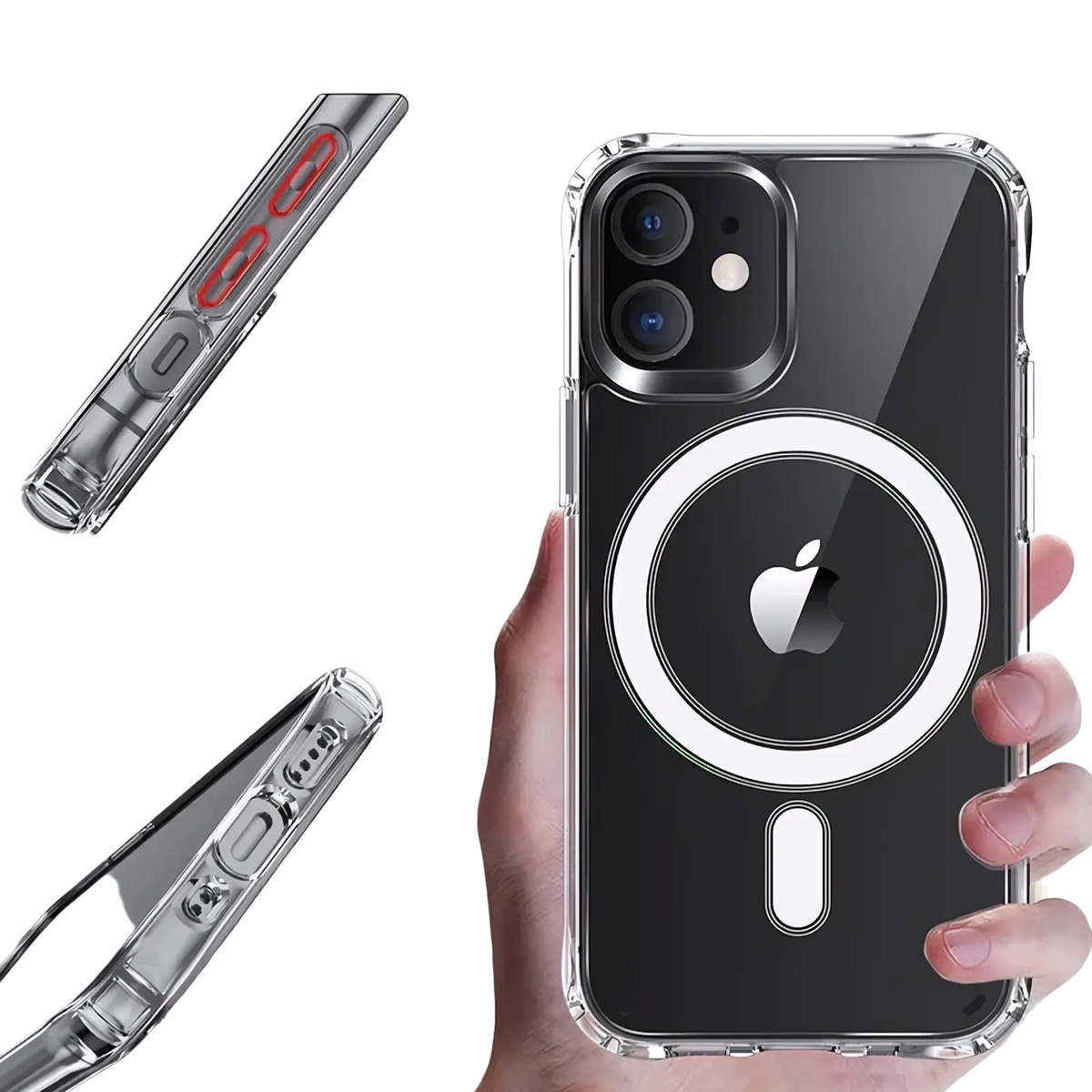 Clear magsafe iphone case back with circular magnetic charging ring and precise cutouts for buttons camera and ports