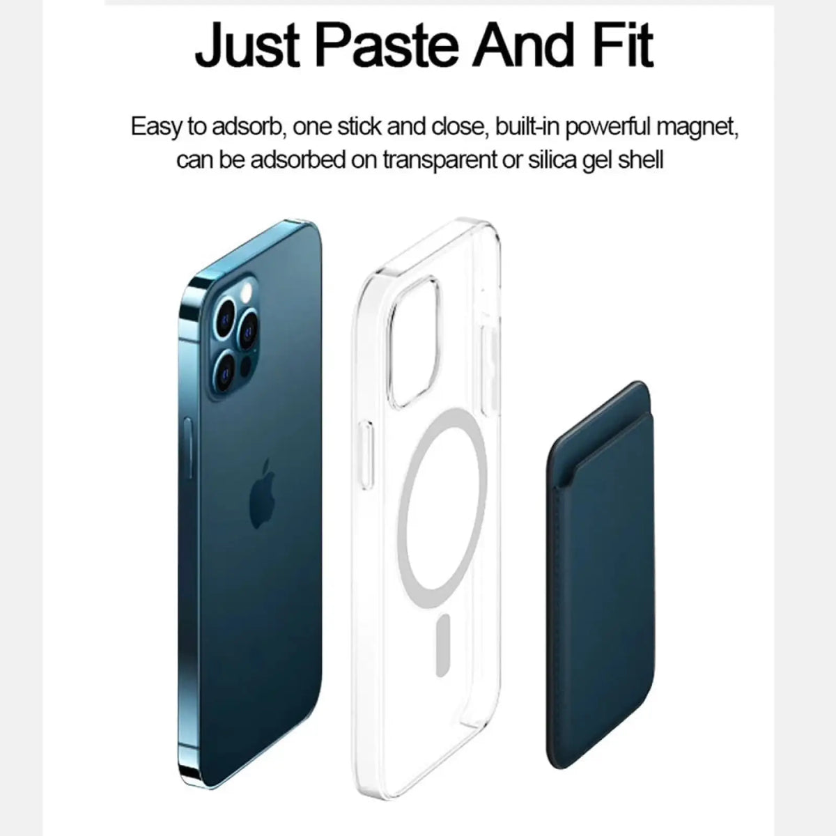 Dark blue magnetic phone wallet with smooth silicone finish shown on the back of magsafe clear iphone case anti drop cover