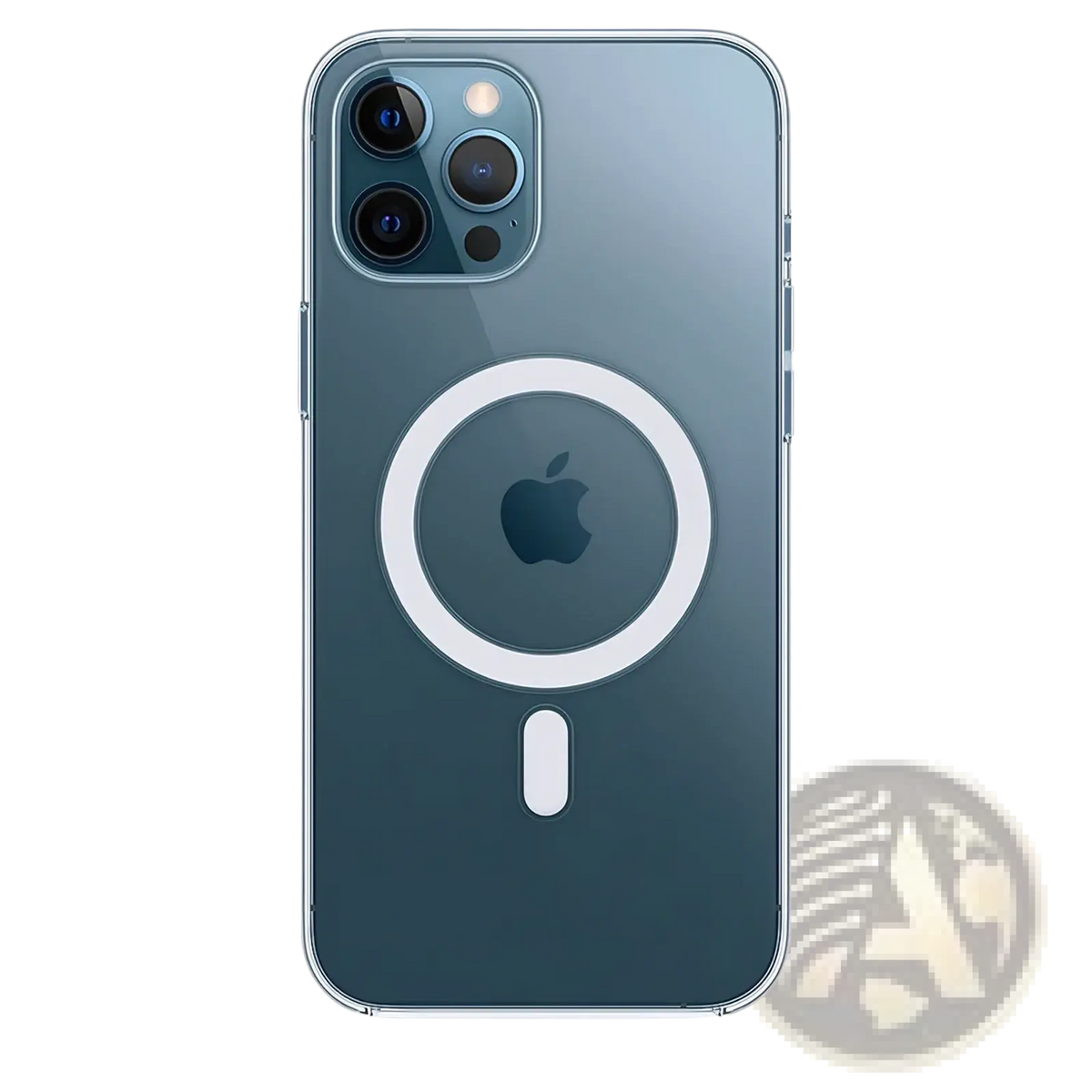 Back side of magsafe clear iphone case showing a sleek transparent anti drop cover with white magnetic charging ring and apple logo