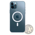 Back side of a sleek transparent magsafe clear iphone case with white magnetic charging ring and apple logo center