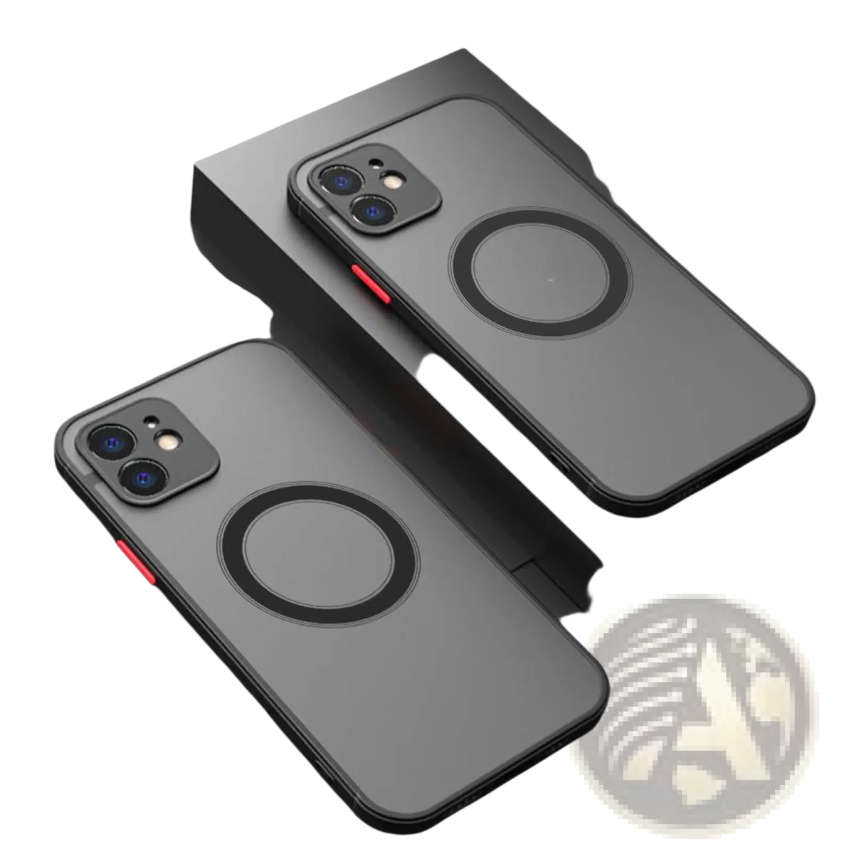 Matte black magsafe iphone 13 case with magnetic circular charging pad design and red accent on the back side