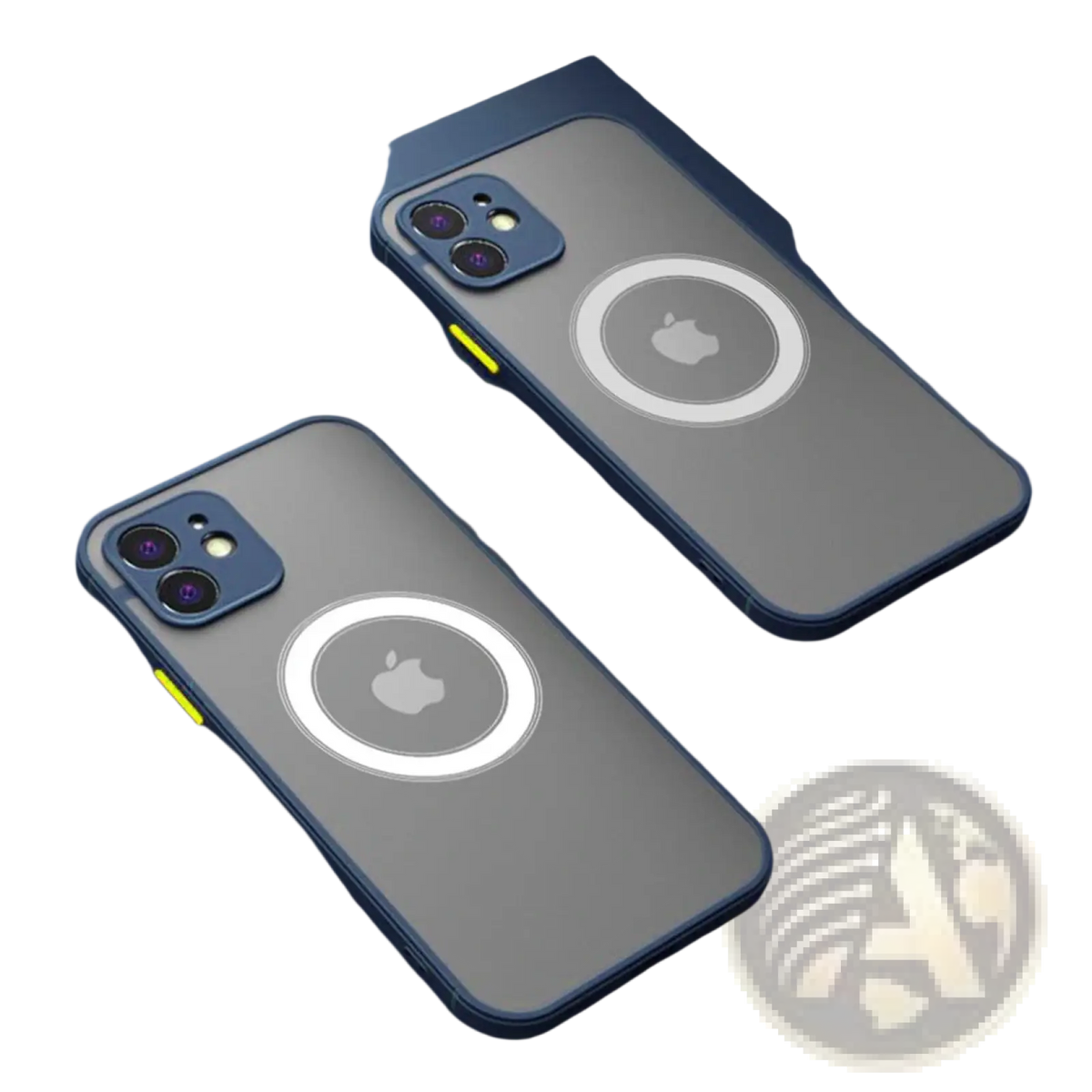 Back of a dark blue Magsafe iPhone 13 case with translucent gray back and white circular ring design featuring Apple logo