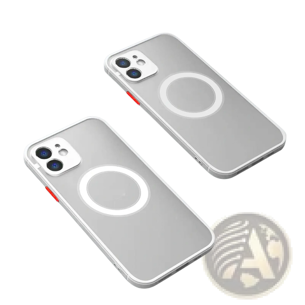 Back side of a transparent gray magsafe iPhone 13 case with white magnetic charging ring and red side button accent