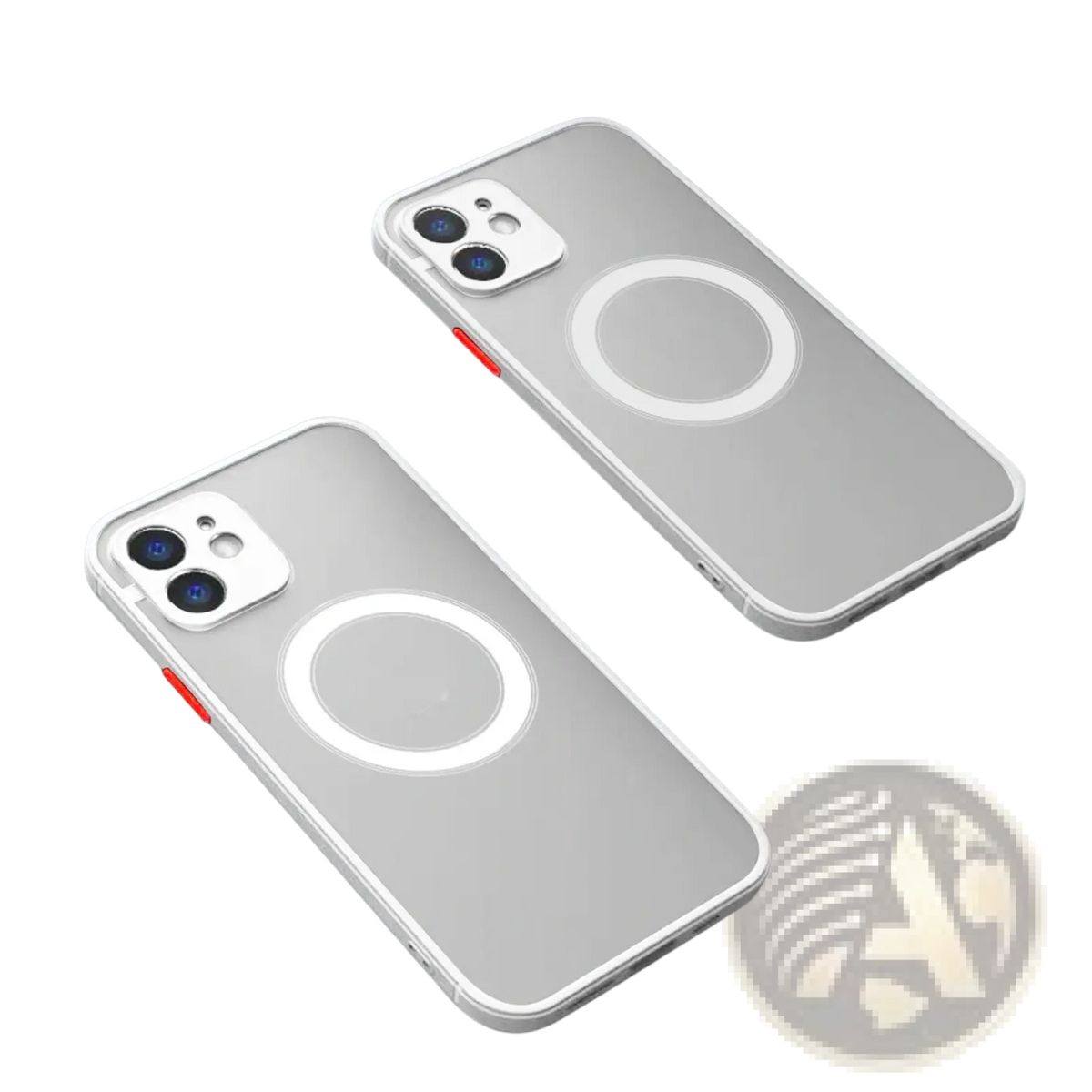 Back side of a transparent gray magsafe iPhone 13 case with white magnetic charging ring and red side button accent